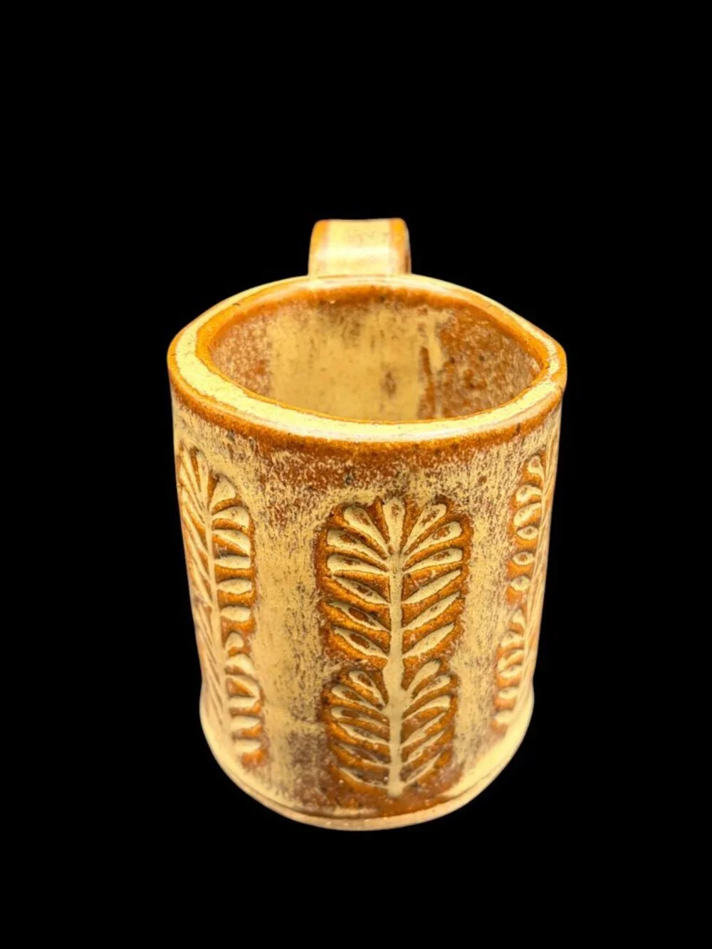 Vintage Studio Pottery Leaf Motif Ceramic Coffee Mug Signed Handmade Stoneware